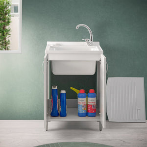 Mobile lavatoio 60x60 cm bianco con vasca asse lavapanni e kit di scarico
