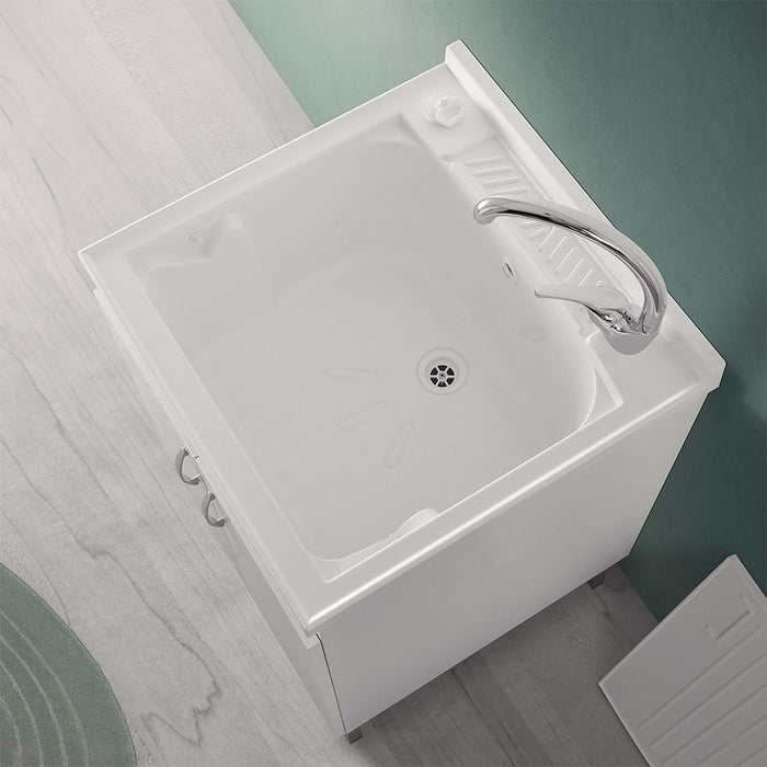 Mobile lavatoio 60x60 cm bianco con vasca asse lavapanni e kit di scarico