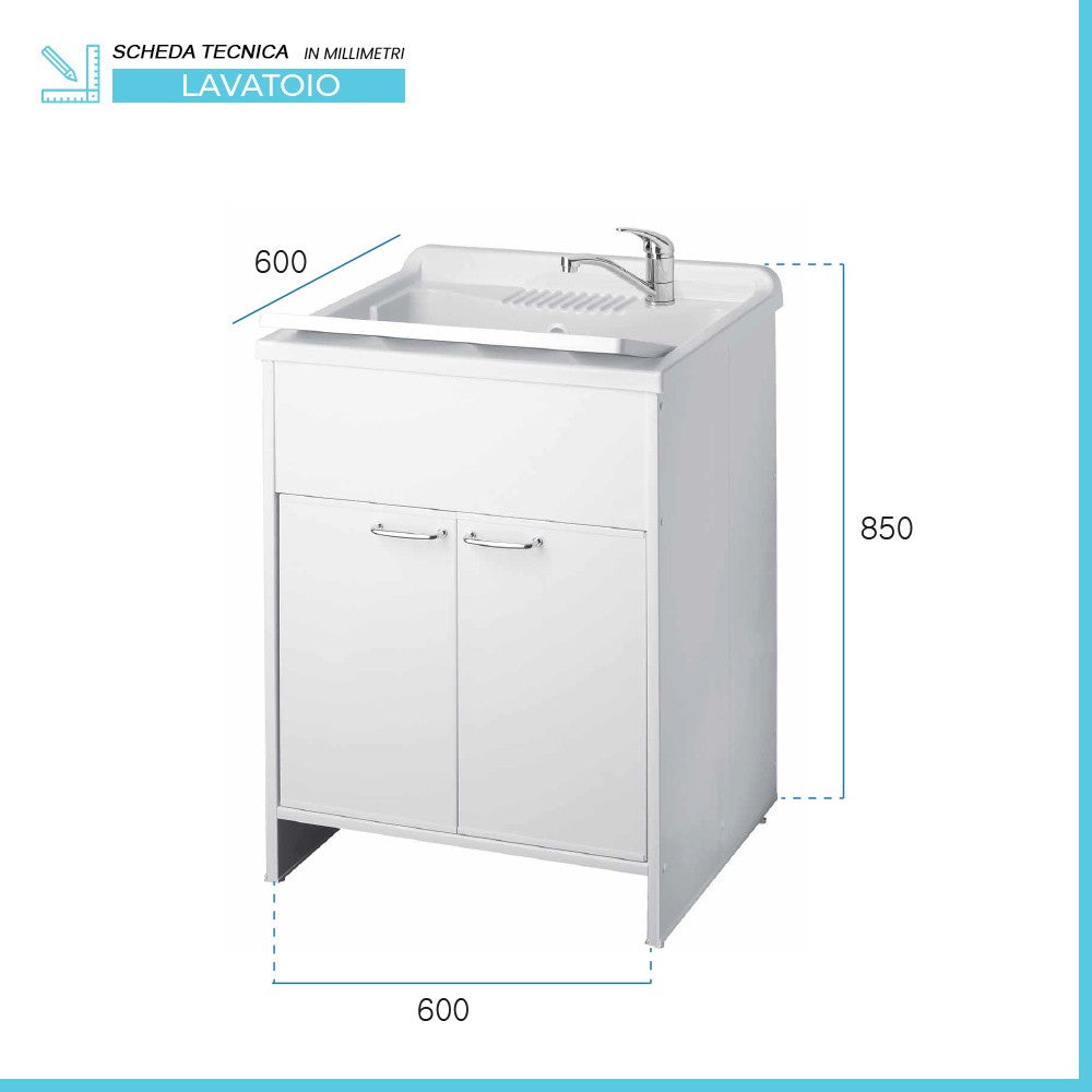 Mobile lavatoio 60x60 cm vasca in resina con asse e kit di scarico