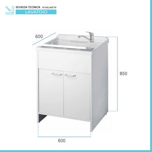 Mobile lavatoio 60x60 cm vasca in resina con asse e kit di scarico