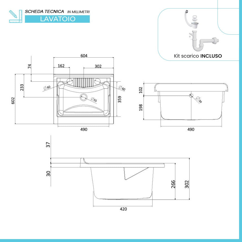 Mobile lavatoio 60x60 cm vasca in resina con asse e kit di scarico
