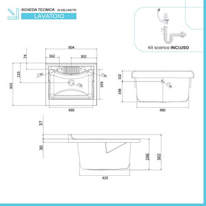 Mobile lavatoio 60x60 cm vasca in resina con asse e kit di scarico