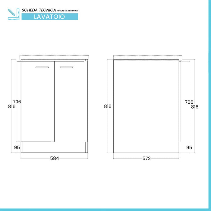 Mobile lavatoio 61x61 cm a due ante con vasca in ceramica Revine