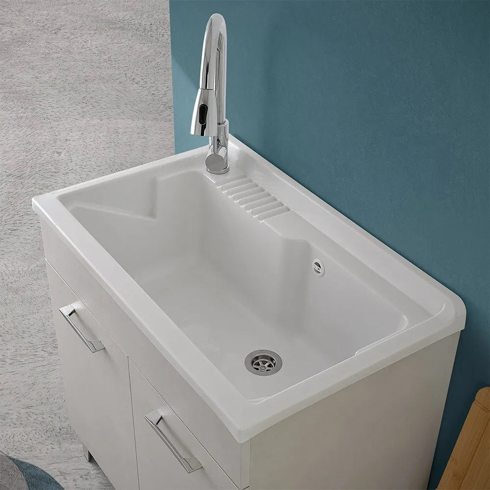 Mobile lavatoio 80x50 cm grigio calce vasca in resina e kit di scarico Moon