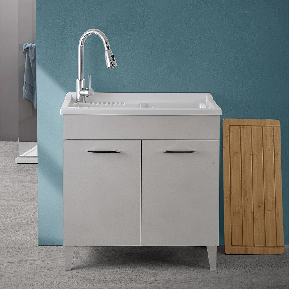 Mobile lavatoio 80x50 cm grigio calce vasca in resina e kit di scarico Moon