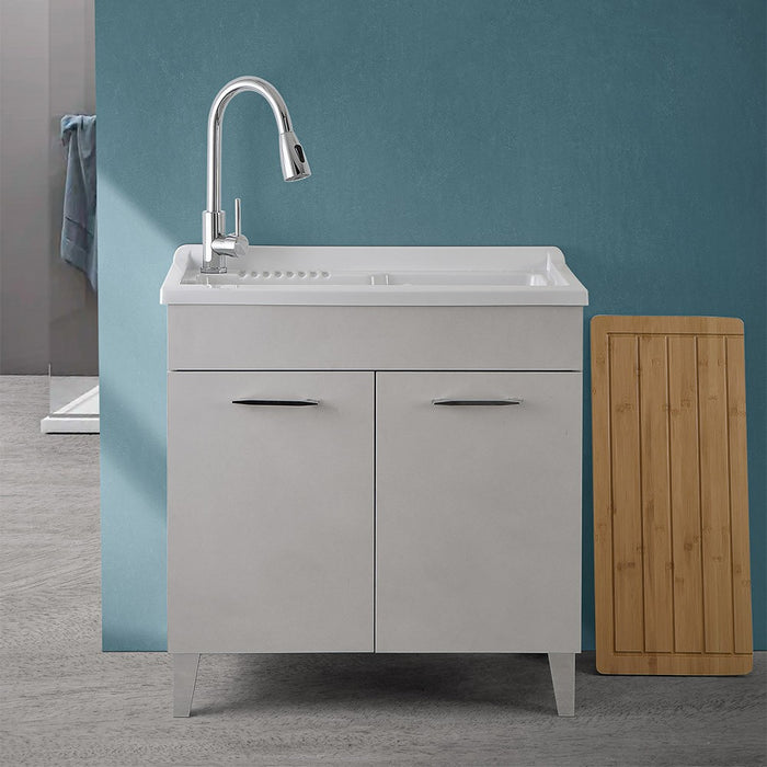 Mobile lavatoio 80x50 cm grigio calce vasca in resina e kit di scarico Moon