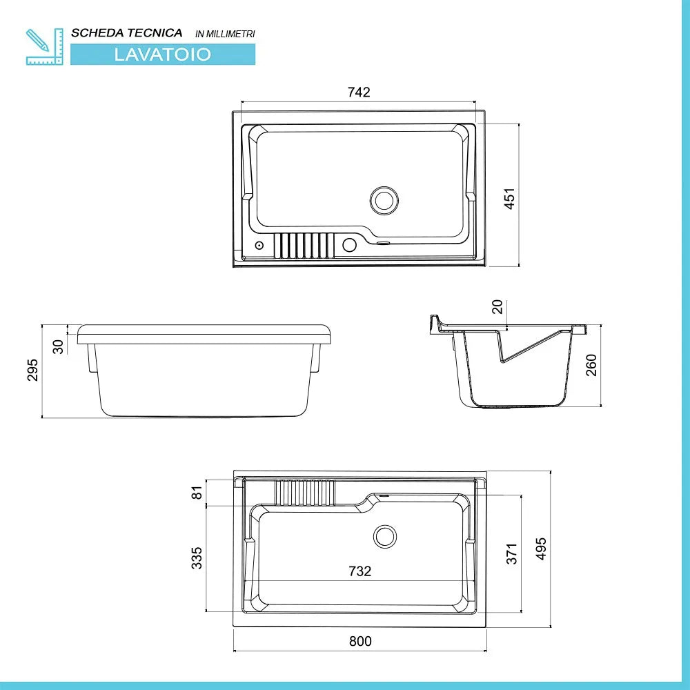 Mobile lavatoio 80x50 cm grigio calce vasca in resina e kit di scarico Moon