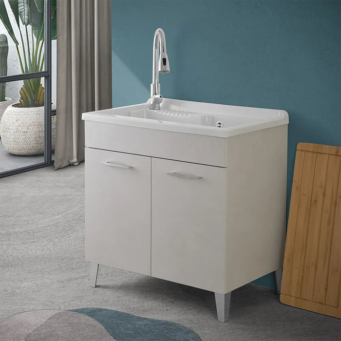 Mobile lavatoio 80x50 cm grigio calce vasca in resina e kit di scarico Moon