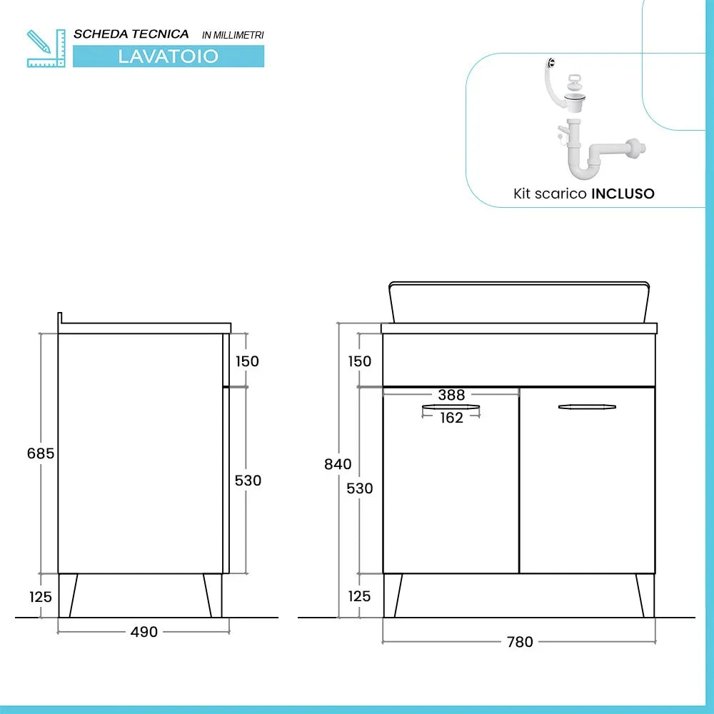 Mobile lavatoio 80x50 cm grigio calce vasca in resina e kit di scarico Moon