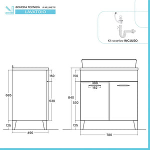 Mobile lavatoio 80x50 cm grigio calce vasca in resina e kit di scarico Moon