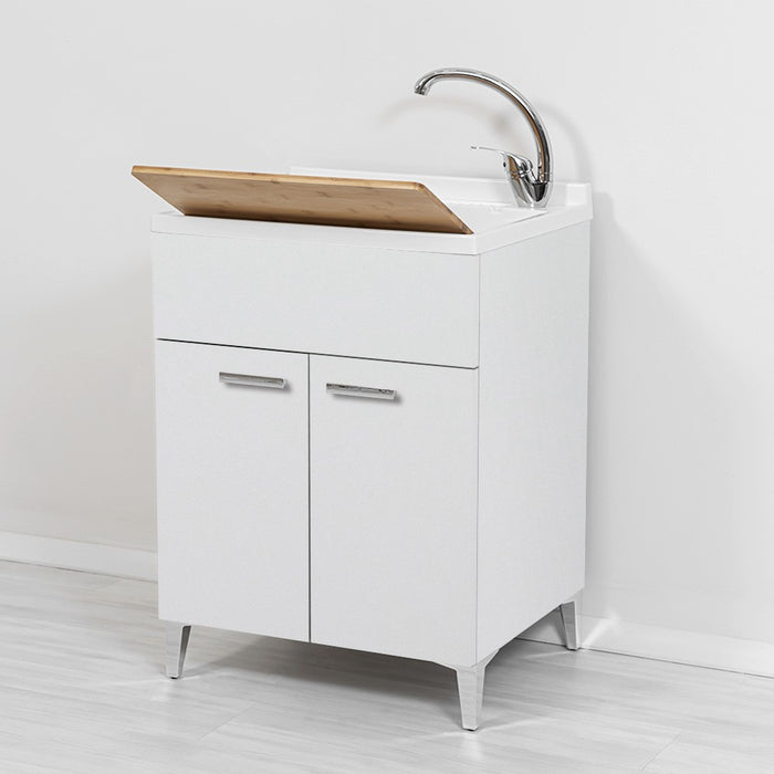 Mobile lavatoio bianco 60x50 cm vasca in resina e asse lavapanni Desya