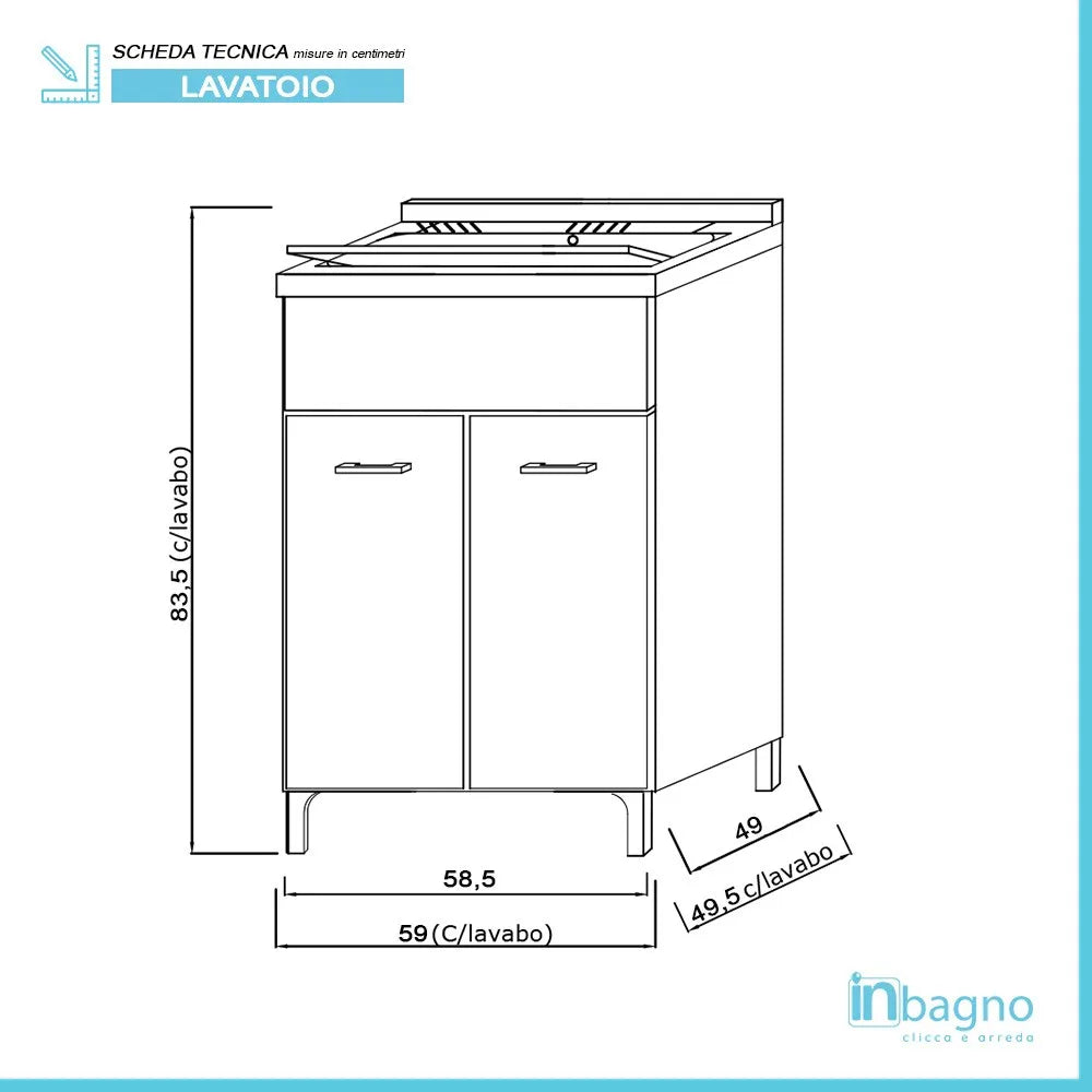 Mobile lavatoio grigio 60x50 cm vasca in resina e asse lavapanni Desya