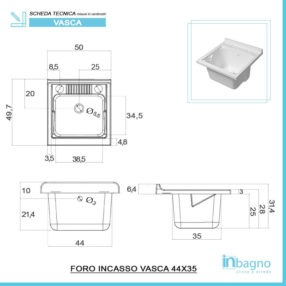 Mobile lavatoio larice 50x50 cm vasca in resina e asse lavapanni Desya