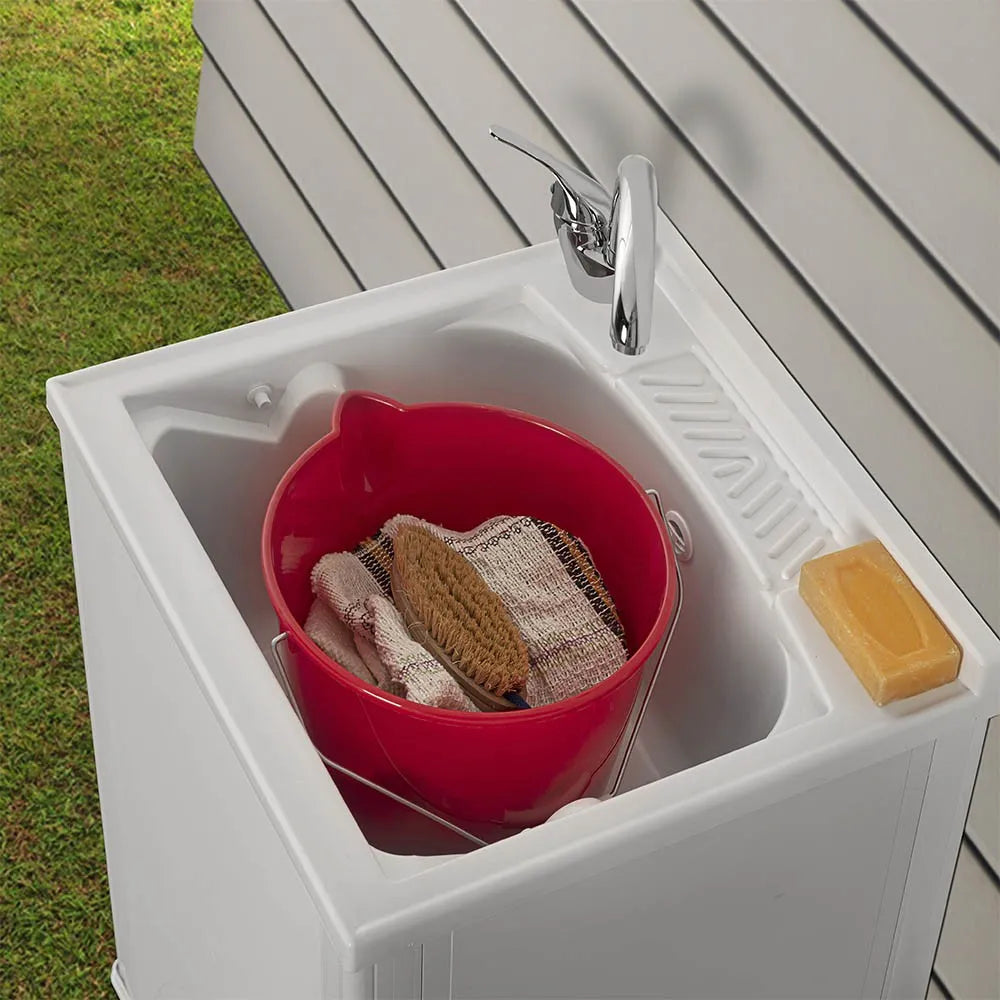 Mobile lavatoio Olimpo da esterno bianco con vasca asse e kit scarico