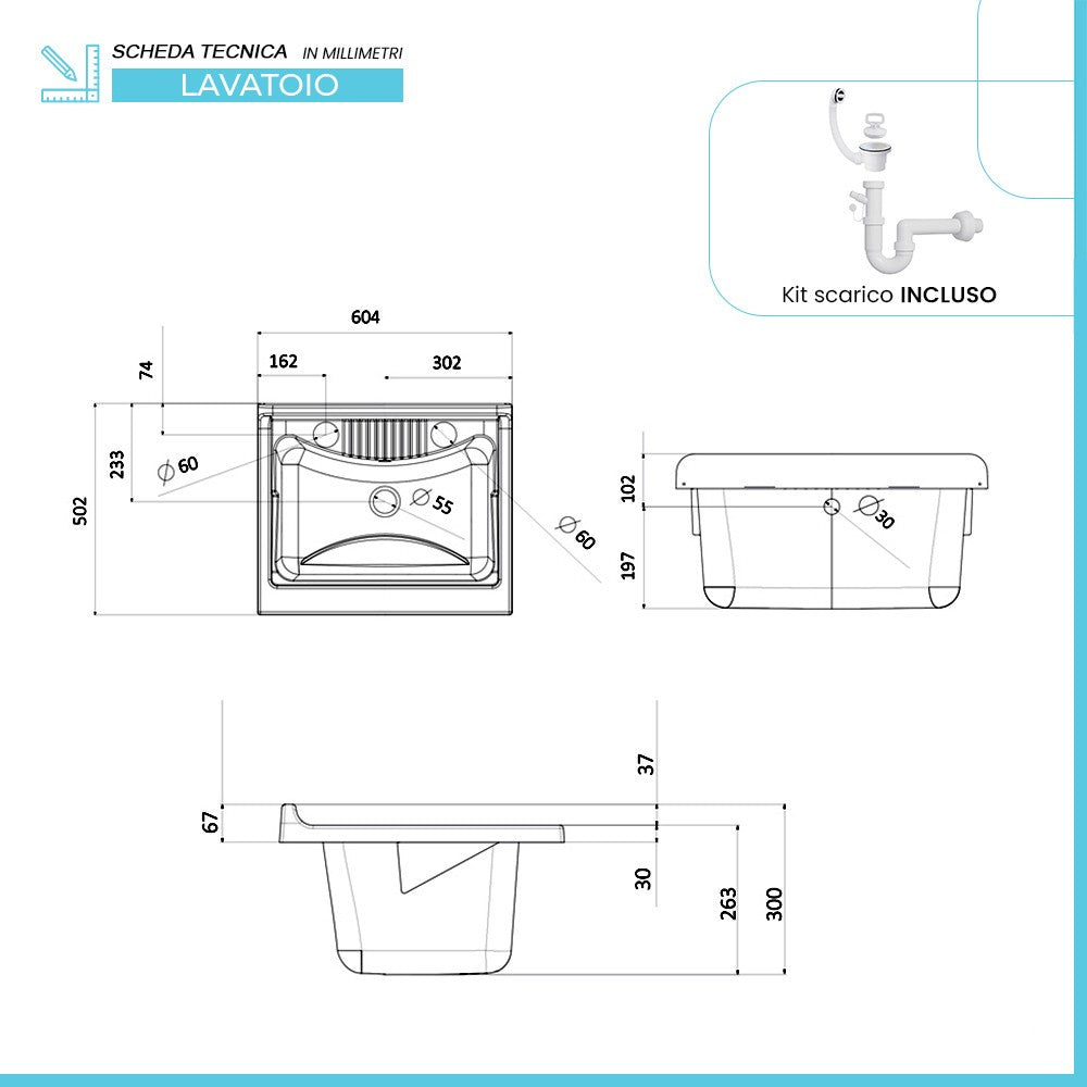 Mobile lavatoio wengÃ¨ 60x50 con vasca e asse lavapanni in resina