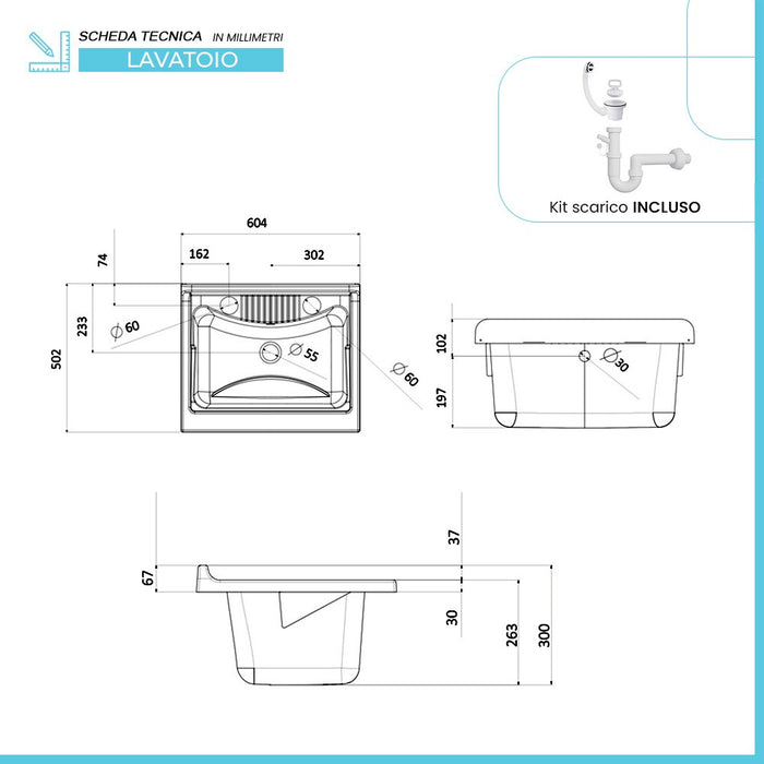 Mobile lavatoio wengÃ¨ 60x50 con vasca e asse lavapanni in resina