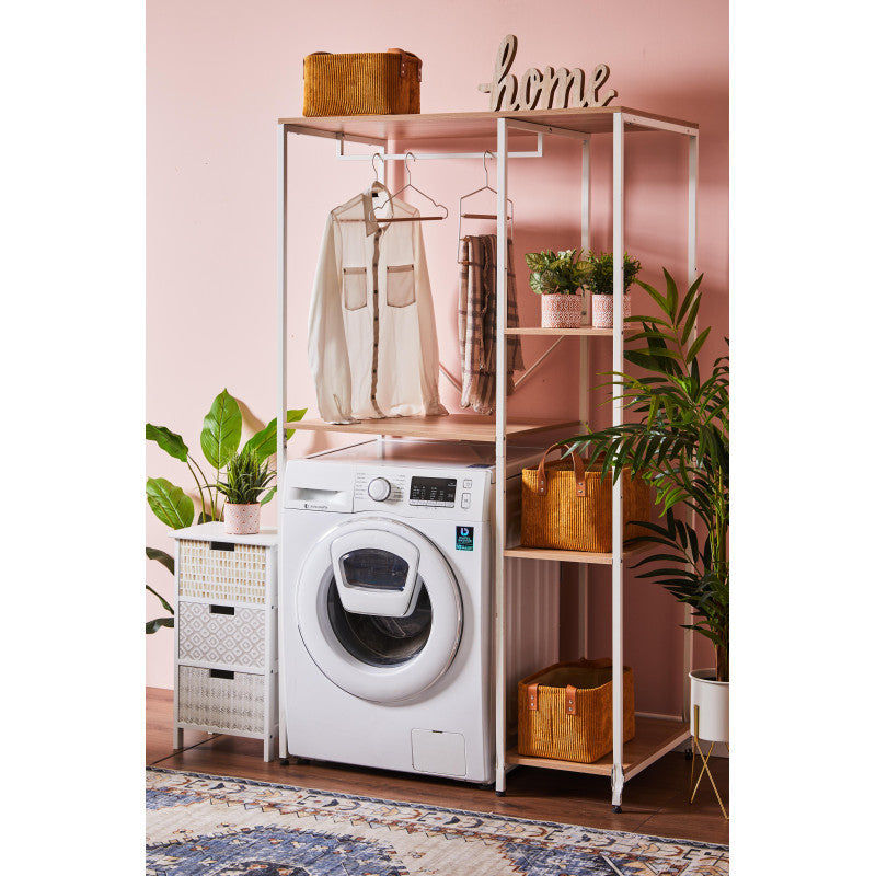 Mobile Lavatrice Janetcon 4 Ripiani Metallo Bianco /legno Trattato Naturale 100x60x177cm