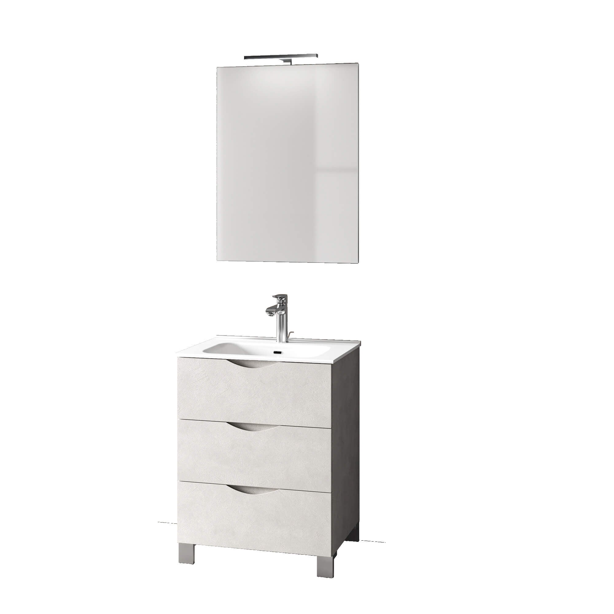 Mobile Bagno 60cm a Terra Effetto Pietra Con Tre Cassetti Specchio e Lampada - Bianco Effetto Pietra