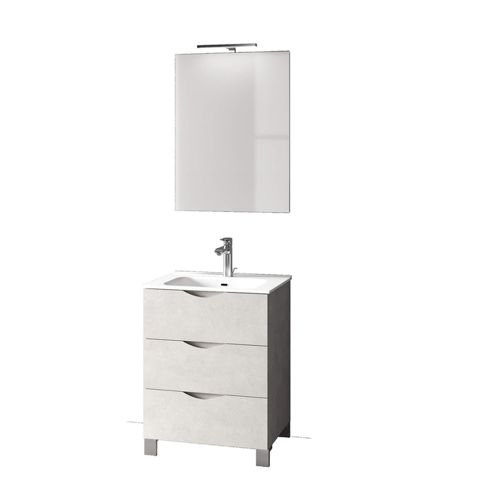 Mobile Bagno 60cm a Terra Effetto Pietra Con Tre Cassetti Specchio e Lampada - Bianco Effetto Pietra