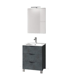 Mobile Bagno 60cm a Terra Effetto Pietra Con Tre Cassetti Specchio e Lampada - Blu Effetto Pietra