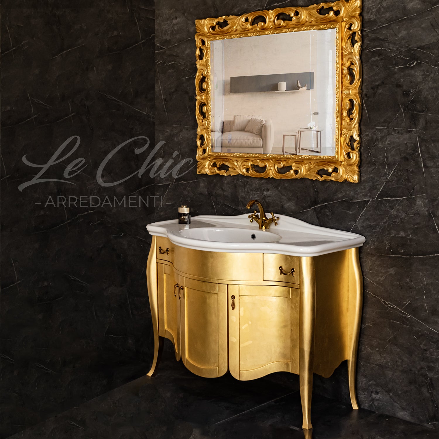 Mobile bagno stile barocco oro foglia con specchio - SI