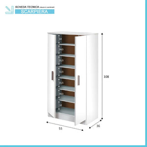 Mobile scarpiera H 108 cm  bianco in legno con 2 ante e 6 ripiani