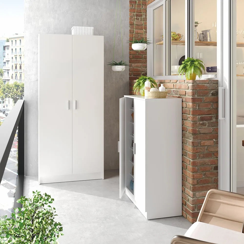 Mobile scarpiera H 108 cm  bianco in legno con 2 ante e 6 ripiani