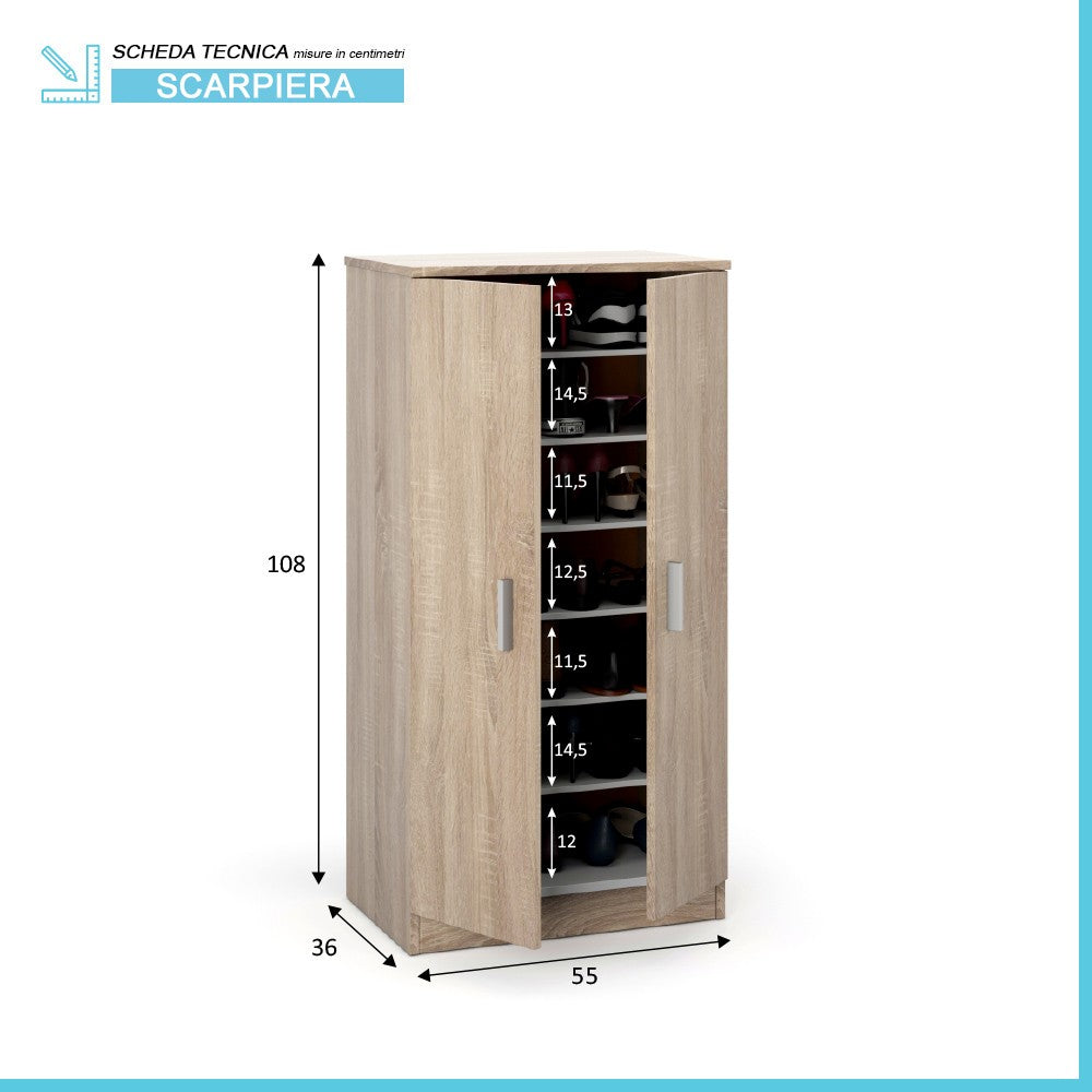 Mobile scarpiera H 108 rovere canadese in legno con 2 ante e 6 ripiani