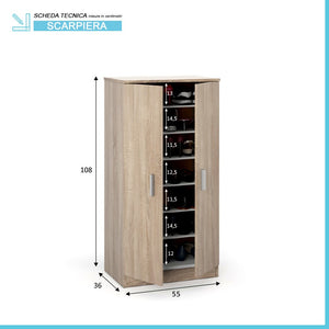 Mobile scarpiera H 108 rovere canadese in legno con 2 ante e 6 ripiani