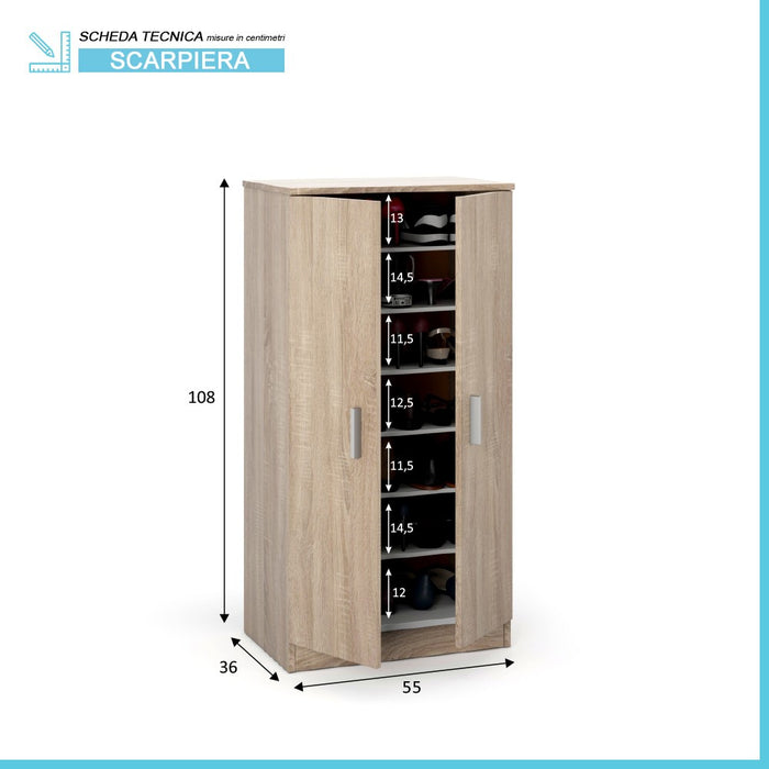 Mobile scarpiera H 108 rovere canadese in legno con 2 ante e 6 ripiani