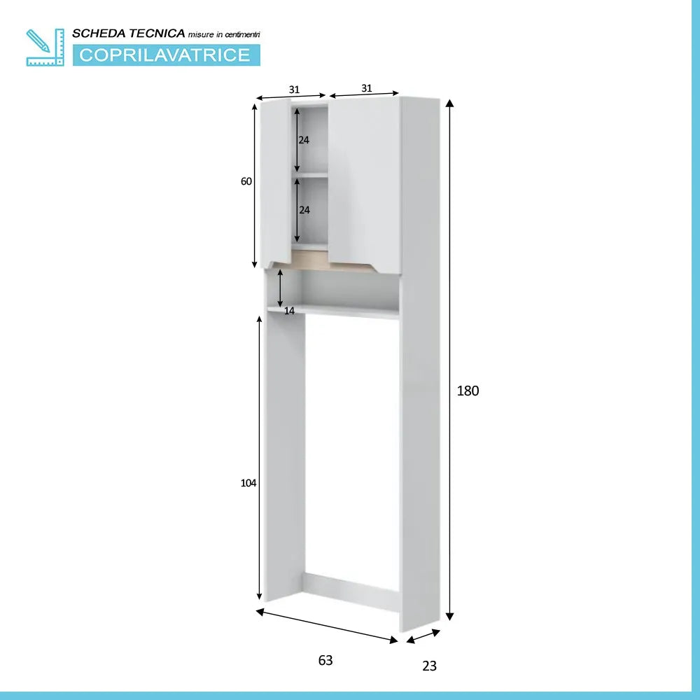 Mobile sopra lavatrice bianco e rovere con ripiani regolabili Brillo