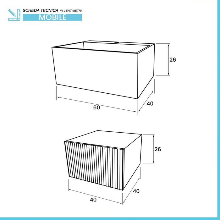 Mobile sospeso 100 cm cannettato bianco opaco lavabo in resina Tevere