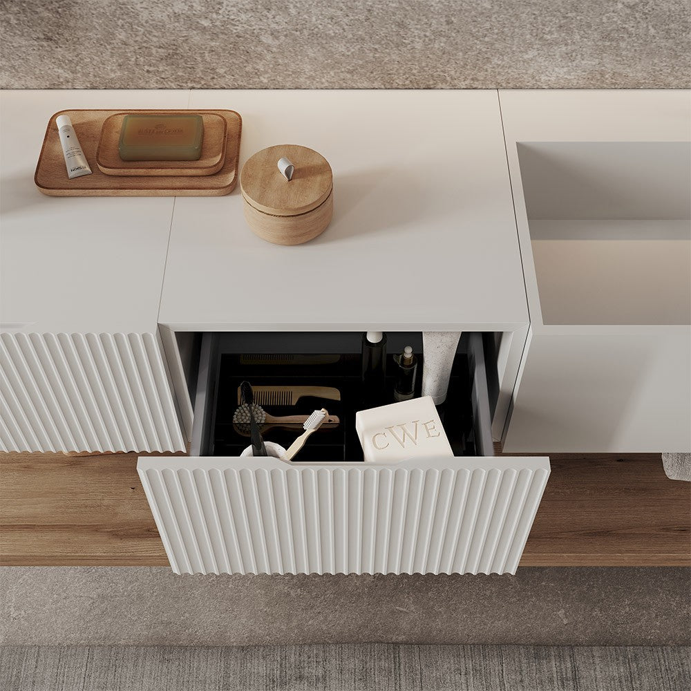 Mobile sospeso 100 cm cannettato bianco opaco lavabo in resina Tevere