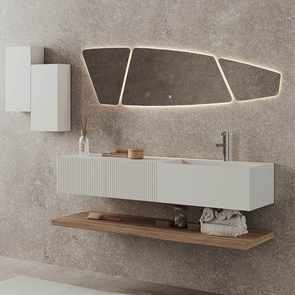 Mobile sospeso 100 cm cannettato bianco opaco lavabo in resina Tevere