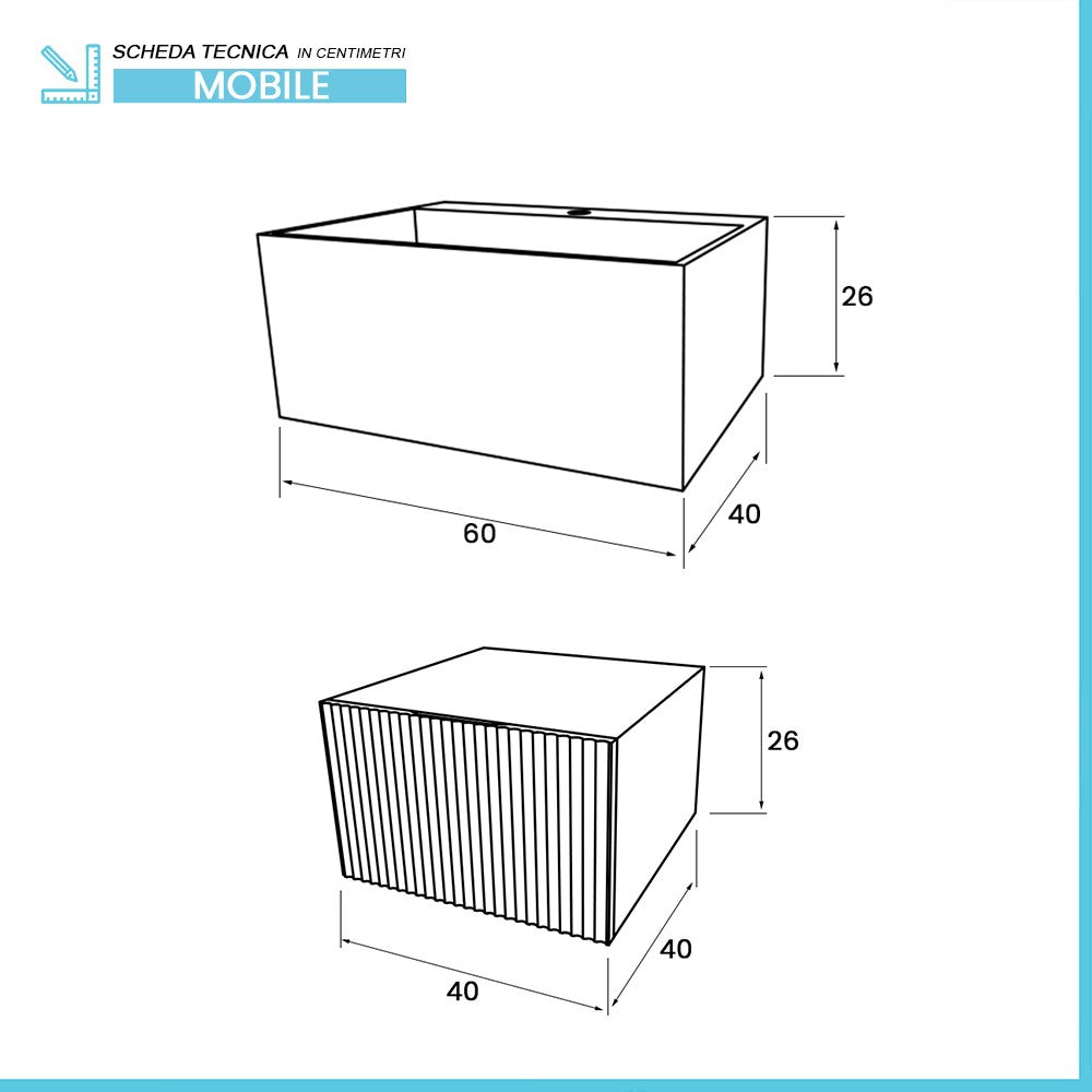 Mobile sospeso 100 cm cannettato rovere naturale lavabo in resina Tevere