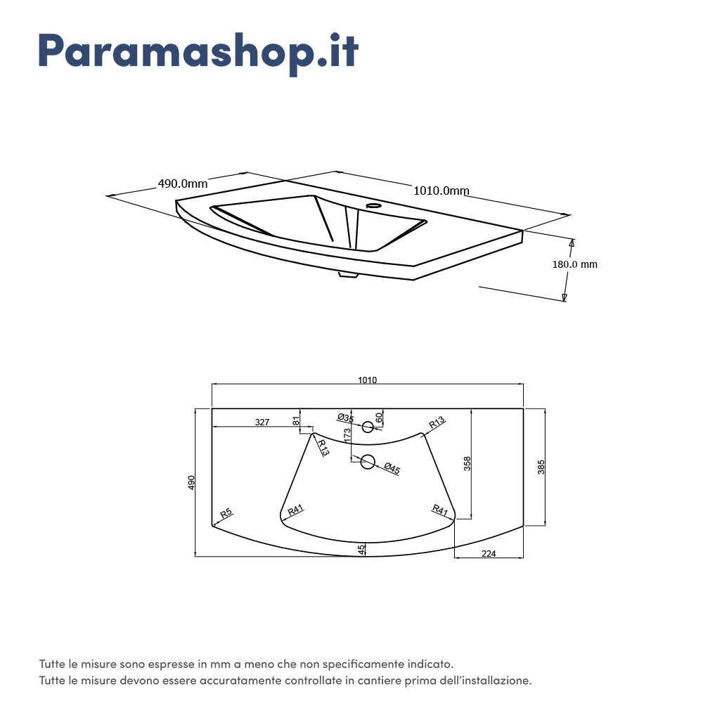 Mobile sospeso 100 cm grigio lucido con un cassetto e lavabo in ceramica, frontale curvo | Lula