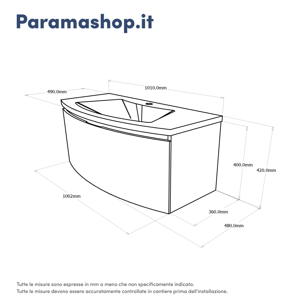 Mobile sospeso 100 cm grigio lucido con un cassetto e lavabo in ceramica, frontale curvo | Lula