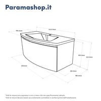 Mobile sospeso 100 cm grigio lucido con un cassetto e lavabo in ceramica, frontale curvo | Lula