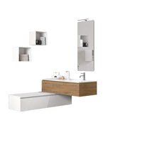 Mobile Bagno 120cm | Lavabo, Doppio Cassettone, Specchio Con Lampada E Cubi Porta Oggetti - Base superiore rovere miele + base inferiore bianco opaco