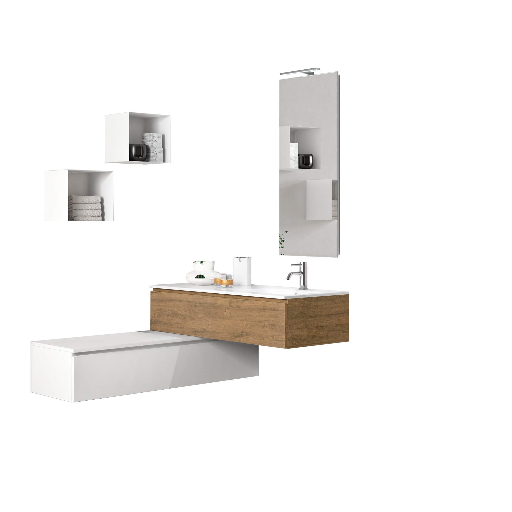 Mobile Bagno 120cm | Lavabo, Doppio Cassettone, Specchio Con Lampada E Cubi Porta Oggetti - Base superiore rovere miele + base inferiore bianco opaco
