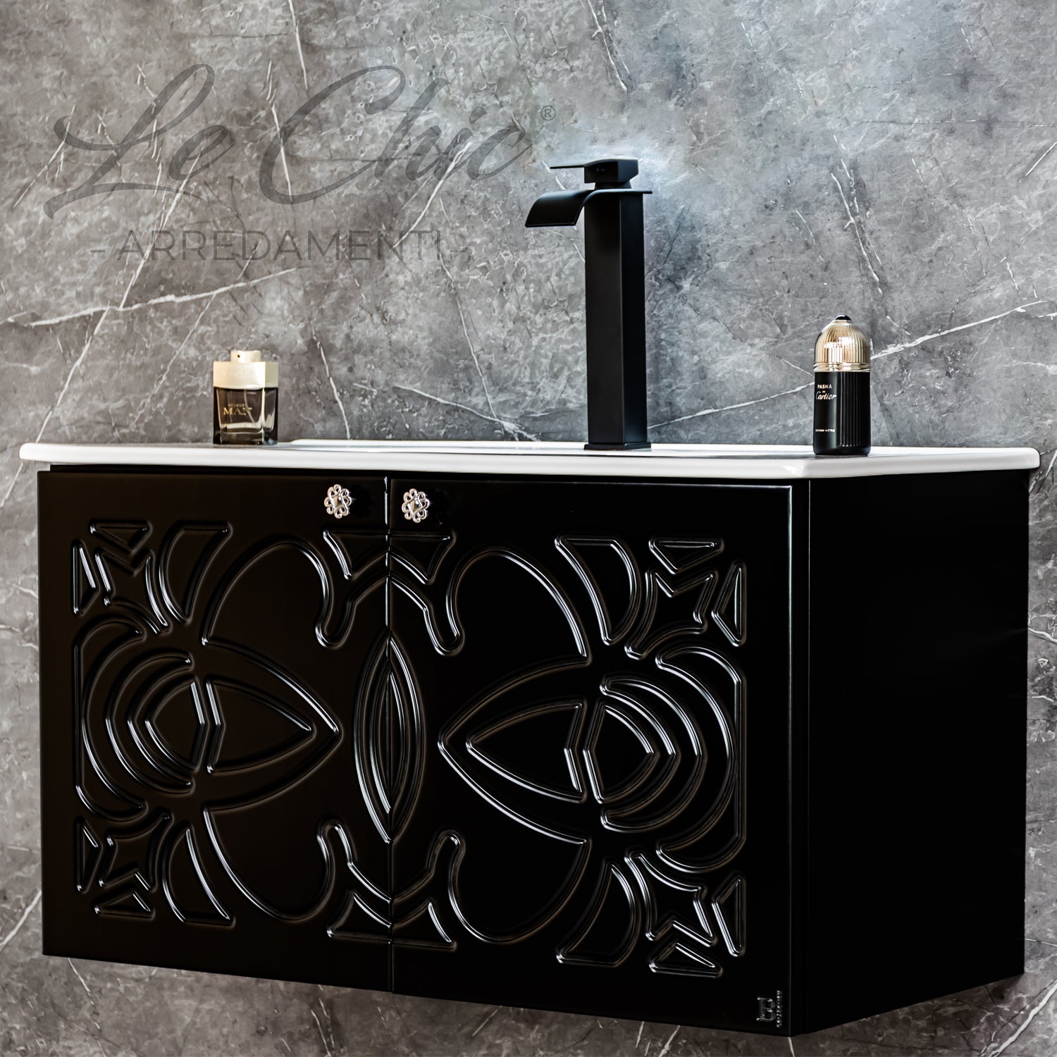 Mobile bagno nero sospeso stile Luxury con colonna - 120 cm, Vela