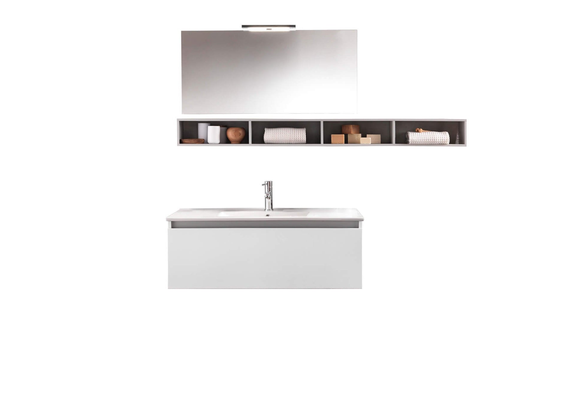 Mobile Bagno Sospeso 100cm Con Cassetto, Pensile a Giorno, Specchio e Lampada - Laccato Bianco Opaco + Pensile Grigio Chiaro