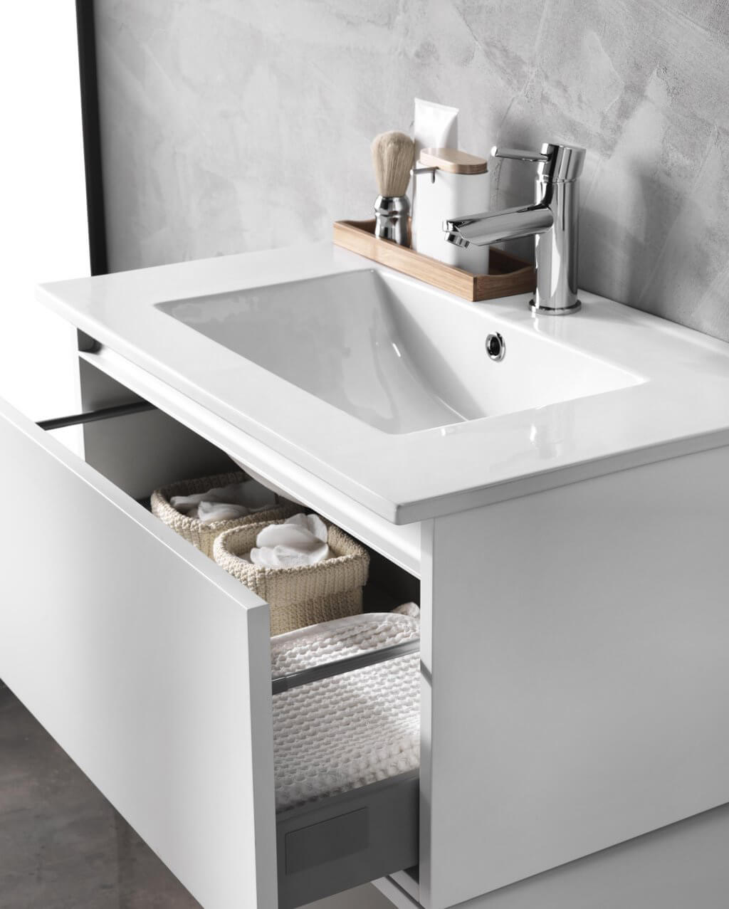 Mobile Bagno Sospeso 100cm Con Cassetto, Pensile a Giorno, Specchio e Lampada - Laccato Bianco Opaco + Pensile Grigio Chiaro