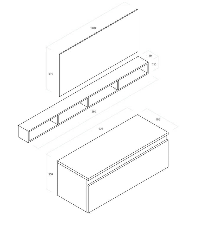 Mobile Bagno Sospeso 100cm Con Cassetto, Pensile a Giorno, Specchio e Lampada - Laccato Bianco Opaco + Pensile Grigio Chiaro