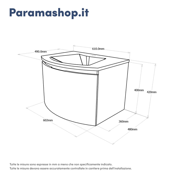 Mobile sospeso 60 cm grigio lucido con un cassetto e lavabo in ceramica, frontale curvo | Lula