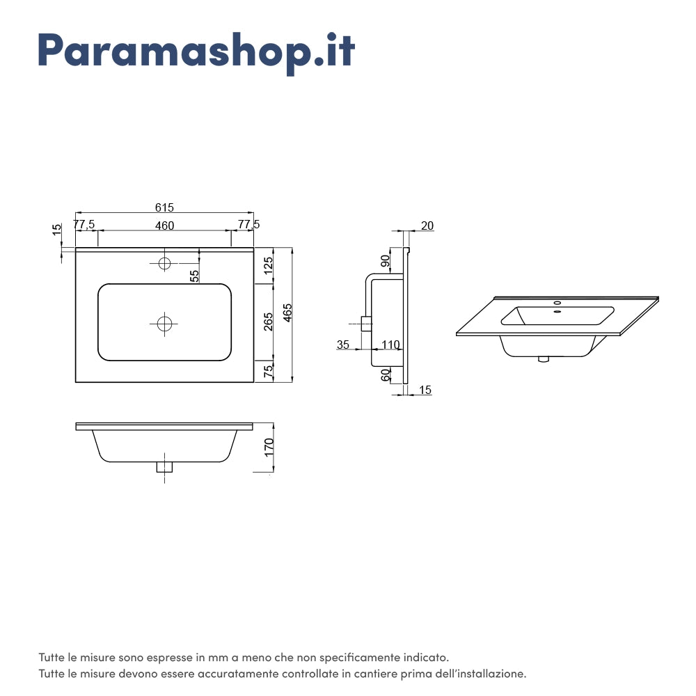 Mobile sospeso 60 cm rovere grigio con un cassetto, vano a giorno e lavabo | Sauris