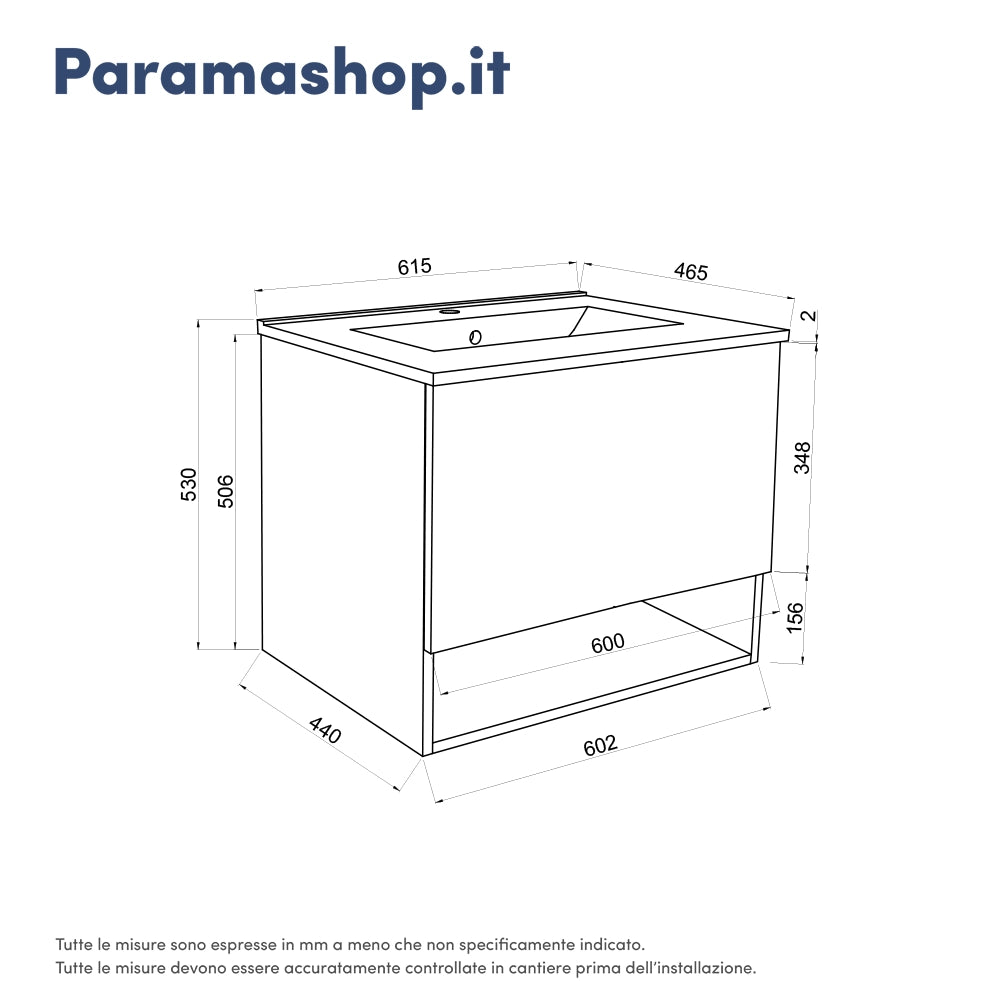 Mobile sospeso 60 cm rovere grigio con un cassetto, vano a giorno e lavabo | Sauris