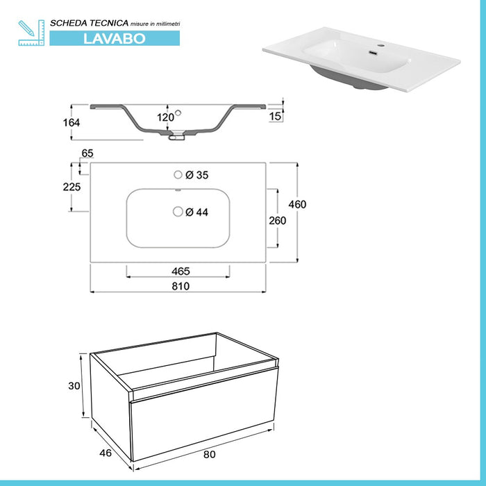 Mobile sospeso 80 cm bianco lucido con lavabo incasso e specchio Iside