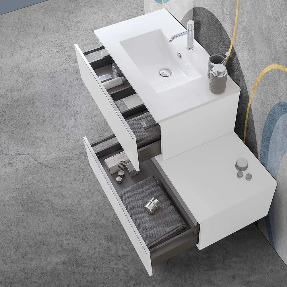 Mobile sospeso 80 cm bianco lucido doppia base lavabo e specchio Iside