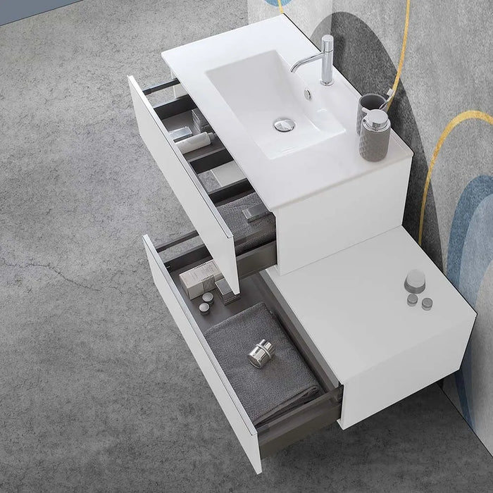 Mobile sospeso 80 cm bianco lucido doppia base lavabo e specchio Iside